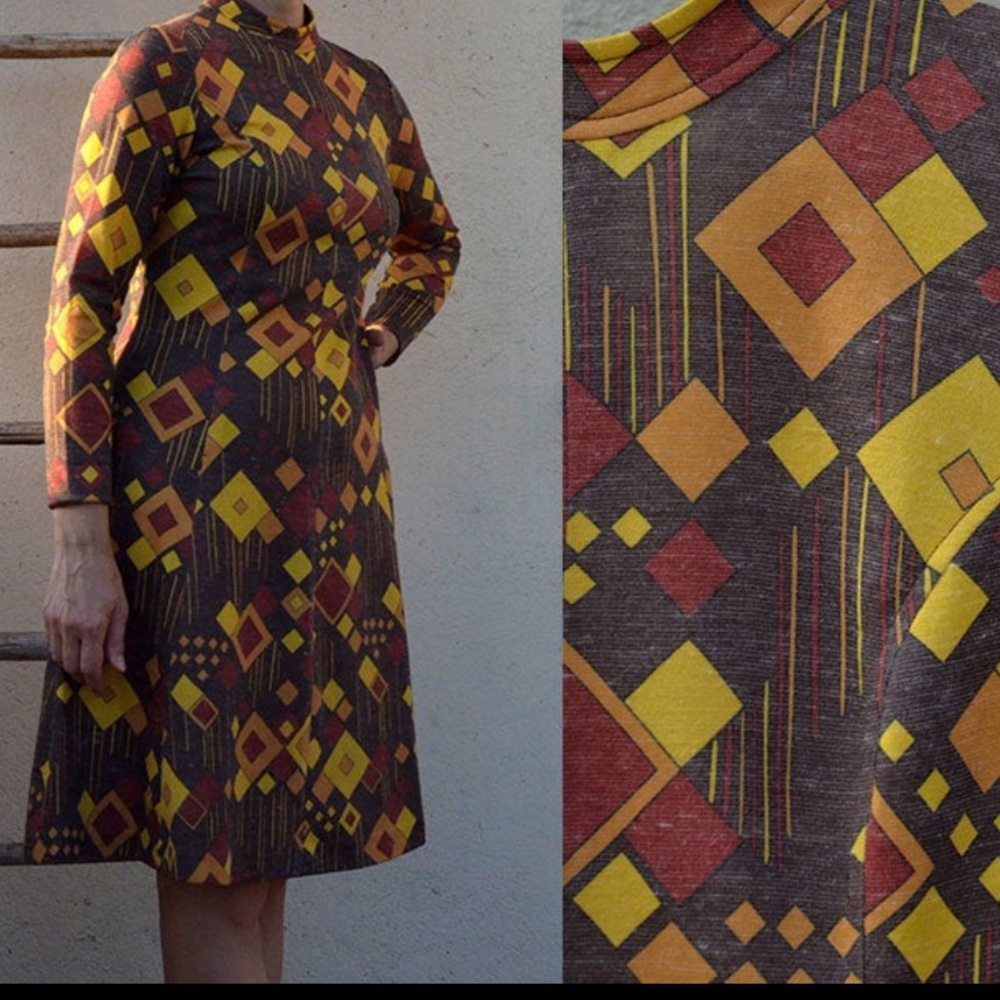Vintage 60s 70s French Jersey Pleias Graphic Dress Geometric Print MED SMALL